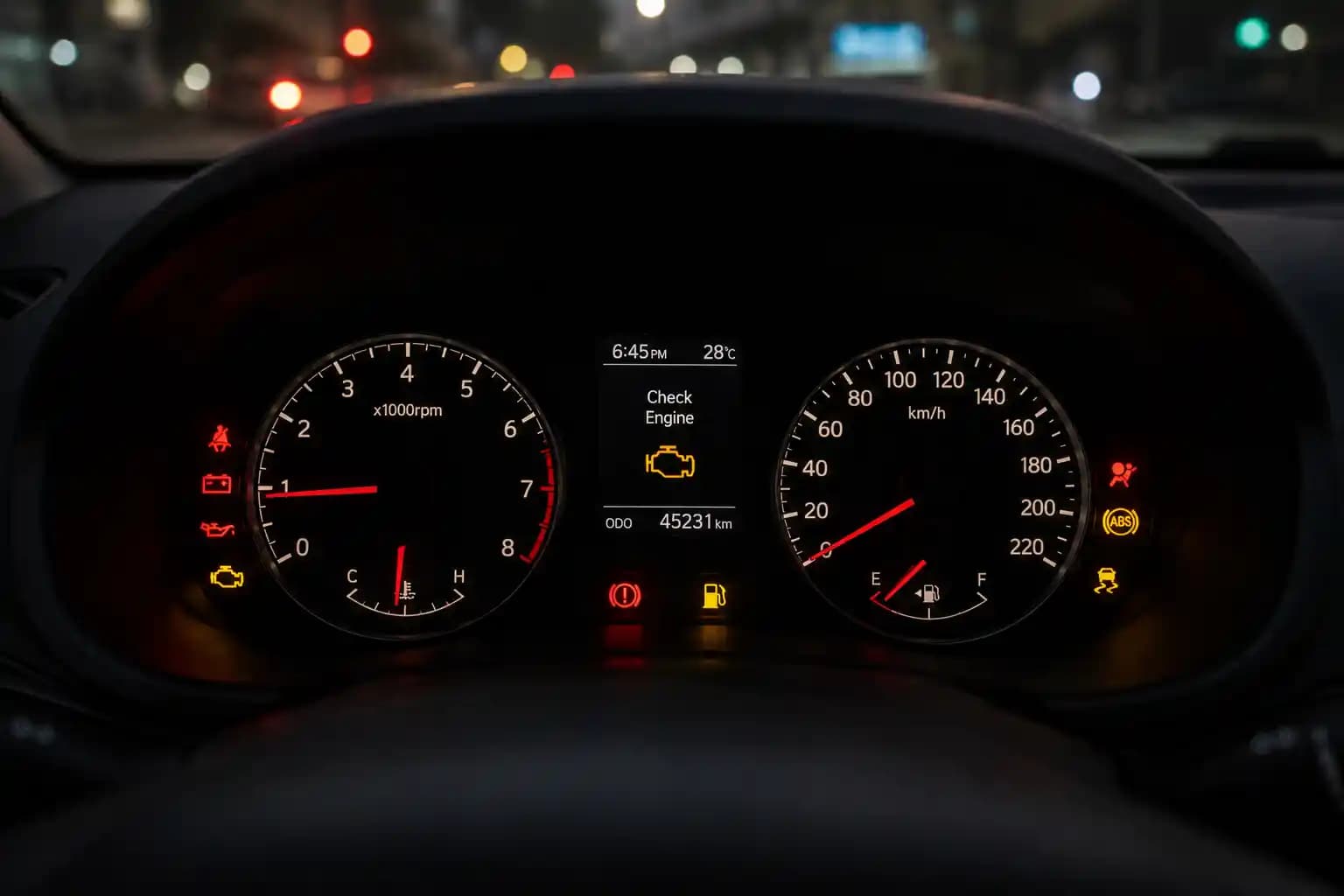 Car dashboard and steering wheel at night