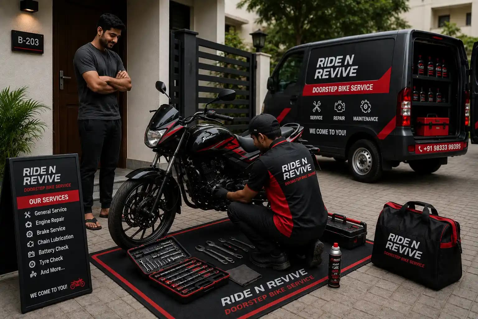 Motorcycle parked outdoors ready for service